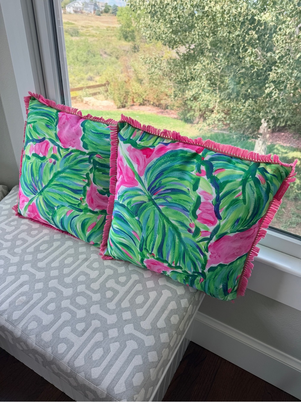 Lilly Pulitzer Pink & Green Tropical Leaf Fringe Throw Pillows